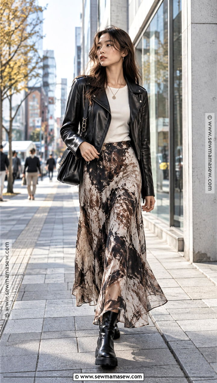 Tokyo Autumn Leather Jacket And Maxi Skirt Outfit - 25 tokyo autumn outfit ideas