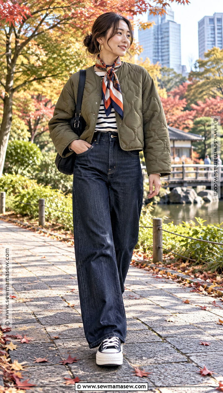 Tokyo Autumn Quilted Jacket And Wide Leg Jeans Outfit - 25 tokyo autumn outfit ideas