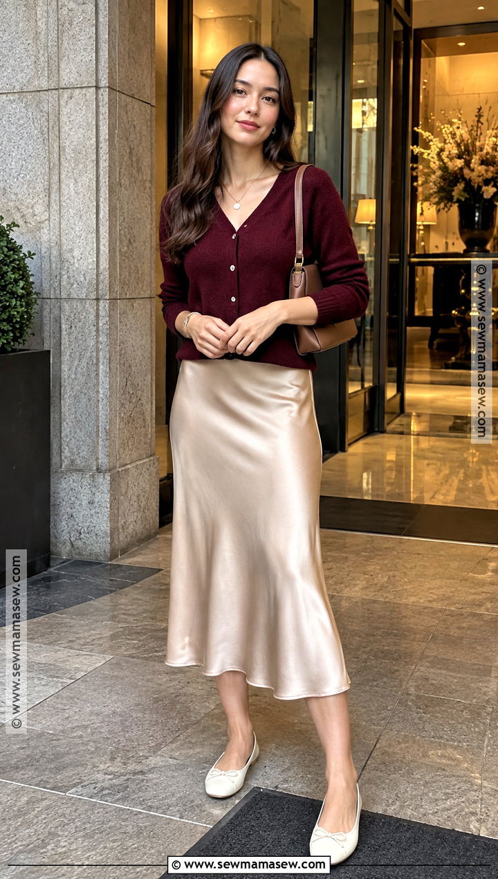 Tokyo October Cardigan And Satin Midi Skirt Outfit - 20 Tokyo October Outfit Ideas