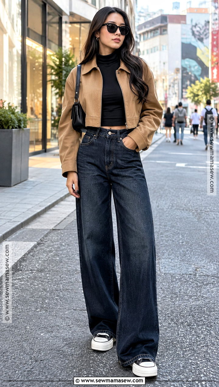 Tokyo October Cropped Jacket And Wide Leg Jeans Outfit - 20 Tokyo October Outfit Ideas