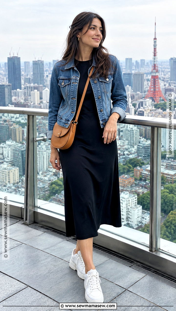 Tokyo October Denim Jacket And Black Midi Dress Outfit - 20 Tokyo October Outfit Ideas