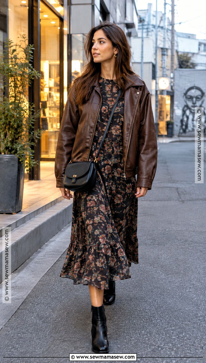 Tokyo October Faux Leather Jacket And Midi Dress Outfit - 20 Tokyo October Outfit Ideas