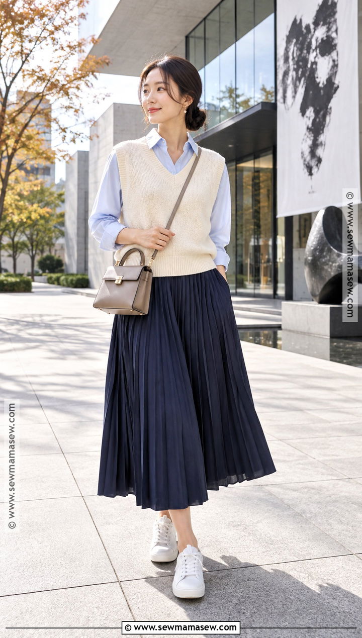 Tokyo October Knit Vest And Midi Skirt Outfit - 20 Tokyo October Outfit Ideas
