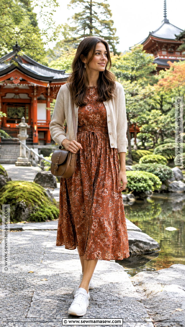 Tokyo October Long Sleeve Midi Dress And Sneakers Outfit - 20 Tokyo October Outfit Ideas