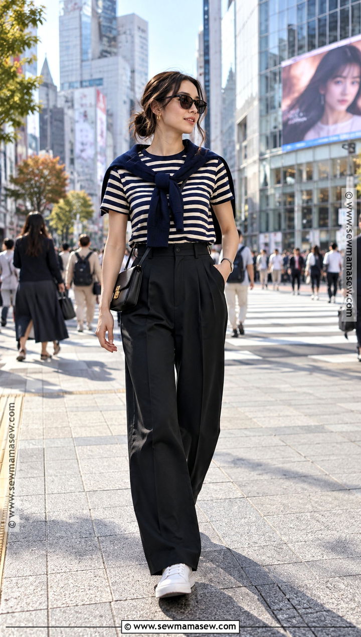 Tokyo October Striped T Shirt And Wide Leg Pants Outfit - 20 Tokyo October Outfit Ideas