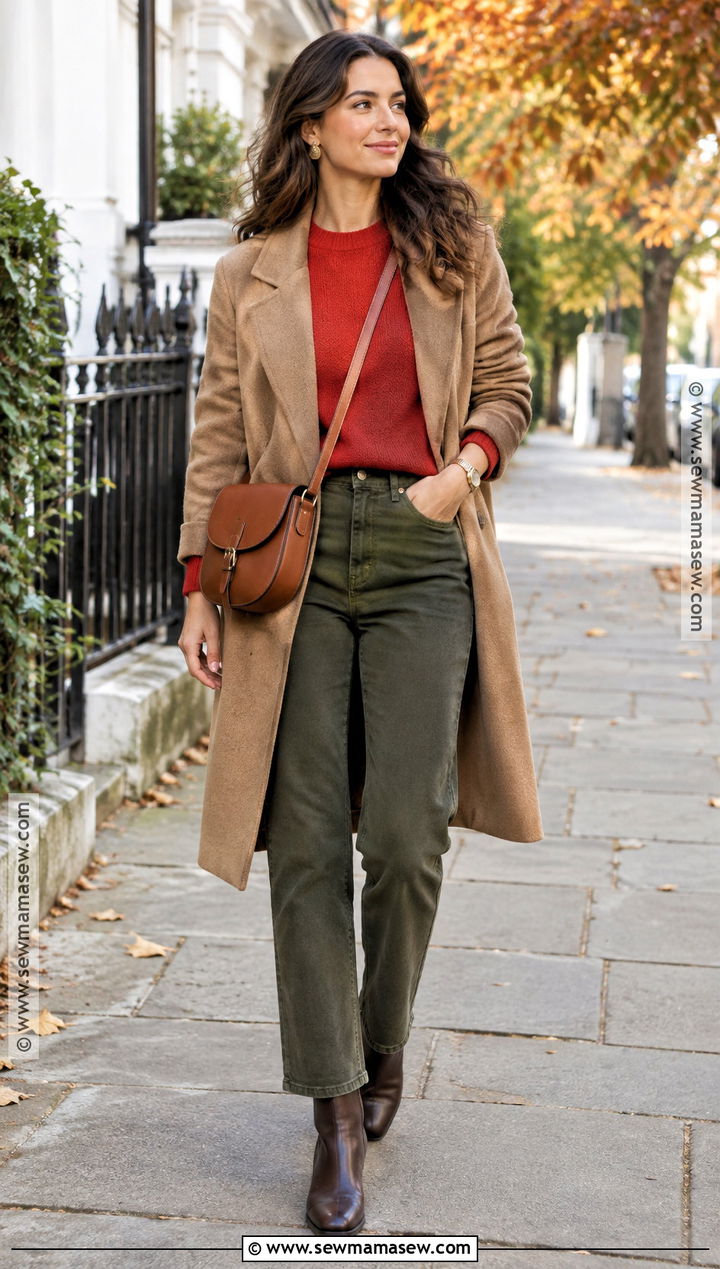 Tomato Red Sweater With Dark Olive Jeans - 15 warm autumn color clothes