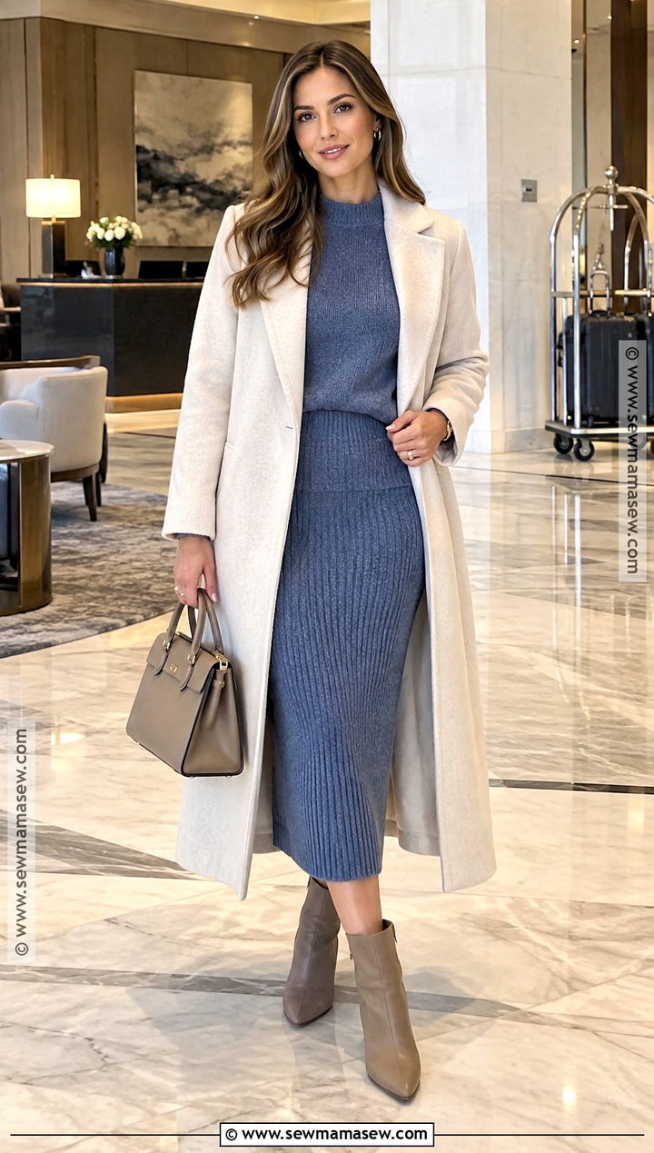 Tonal Blue Knit Set With Long Coat - 15 Blue Knitwear Fall Fashion Ideas