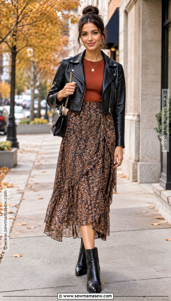 Top Bun With Leather Jacket And Midi Skirt - 15 Bun Outfit Fall Ideas