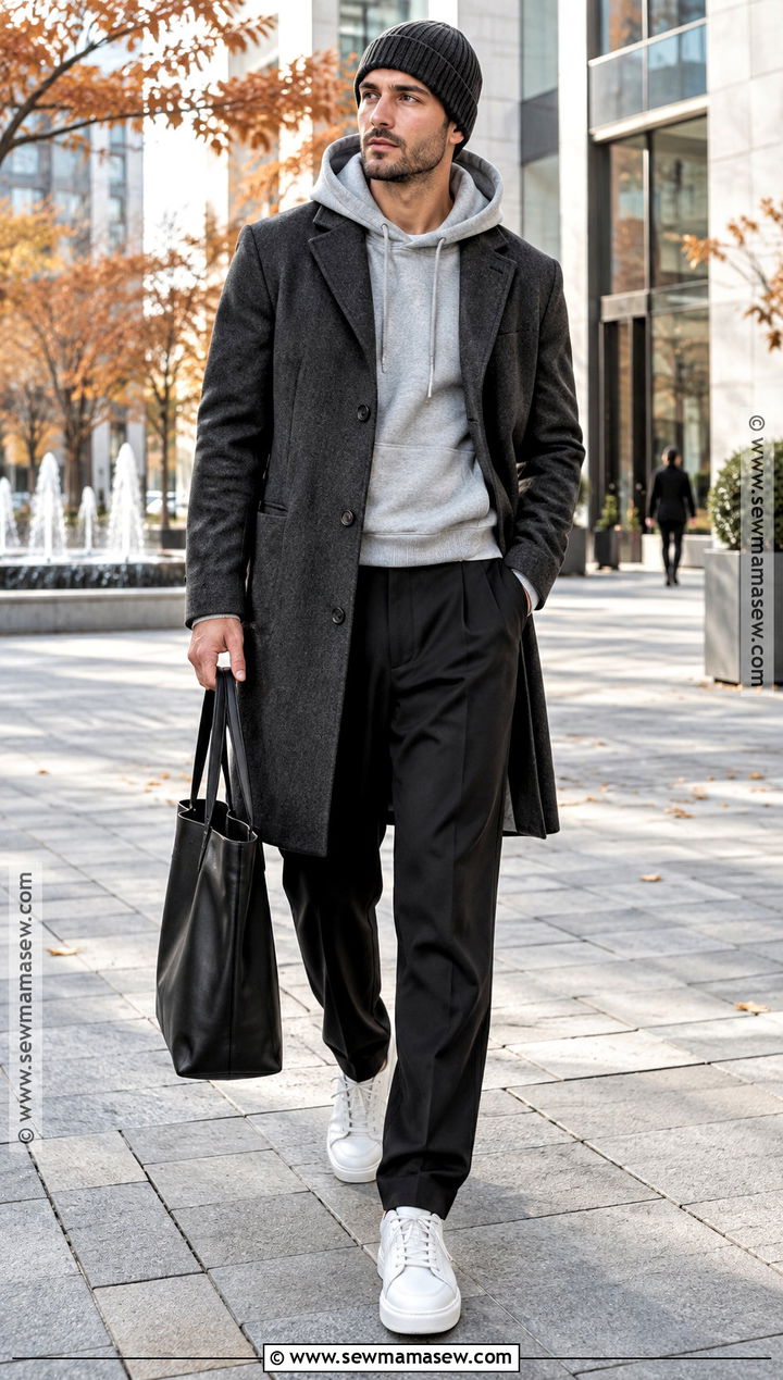 Topcoat Fall Outfit With Hoodie And Tailored Pants - 15 Fall Looks for Men