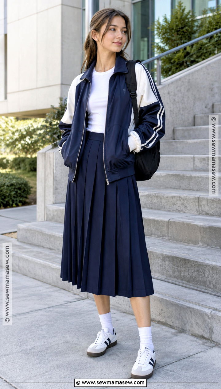 Track Jacket And Pleated Midi Skirt Outfit - 20 Back To School Outfits Not Basic