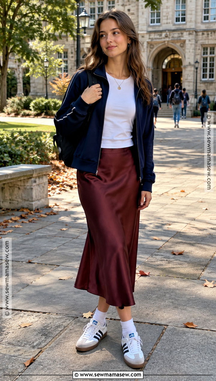 Track Jacket And Slip Skirt Fall College Outfit - 15 fall fashion college ideas