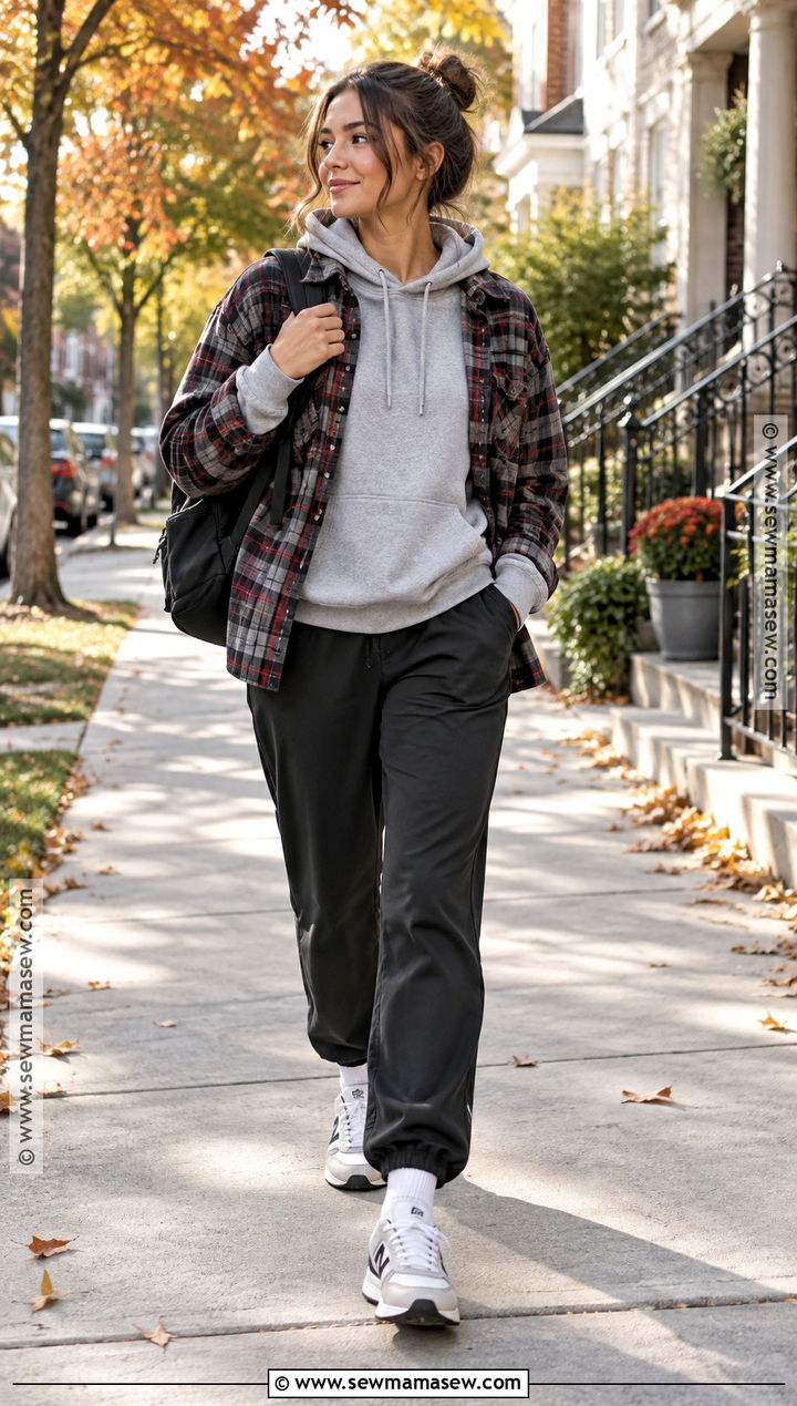 Track Pants And Plaid Overshirt Outfit - 25 fall athletic outfits