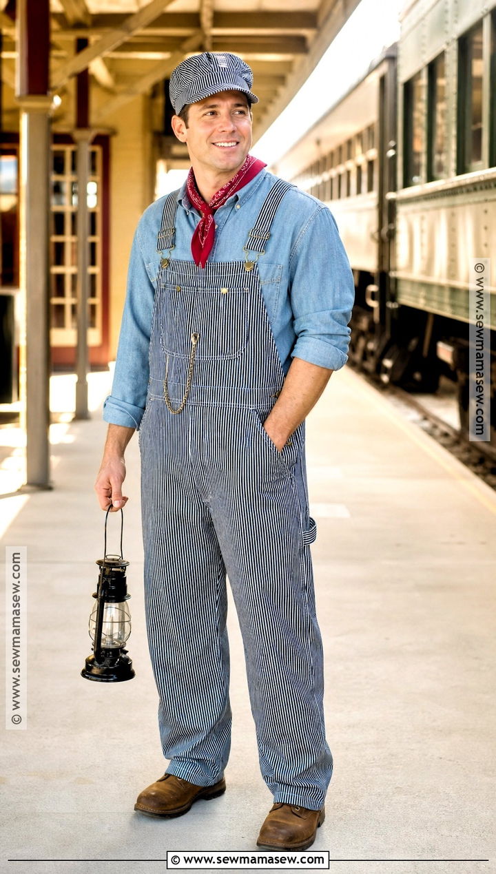 Train Engineer Costume With Striped Overalls - 30 halloween costumes with overalls