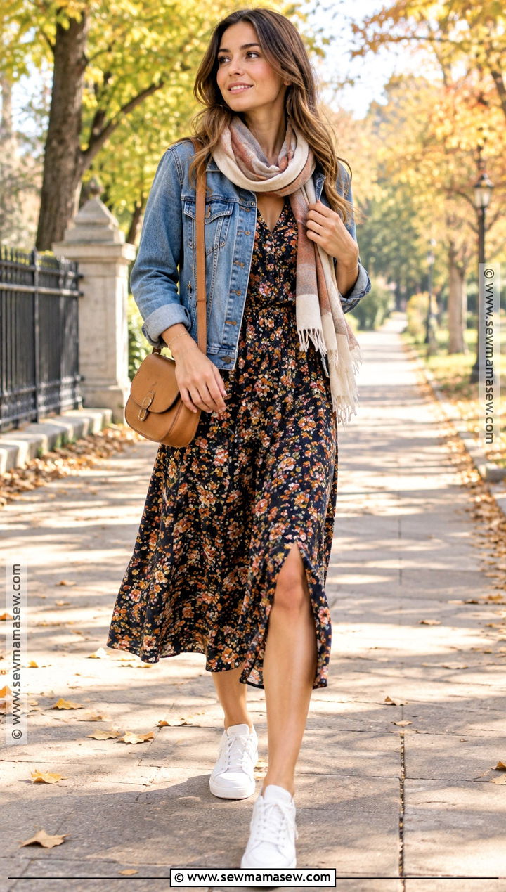 Transitional Autumn Outfit With Denim Jacket And Midi Dress - 25 autumn outfits for women
