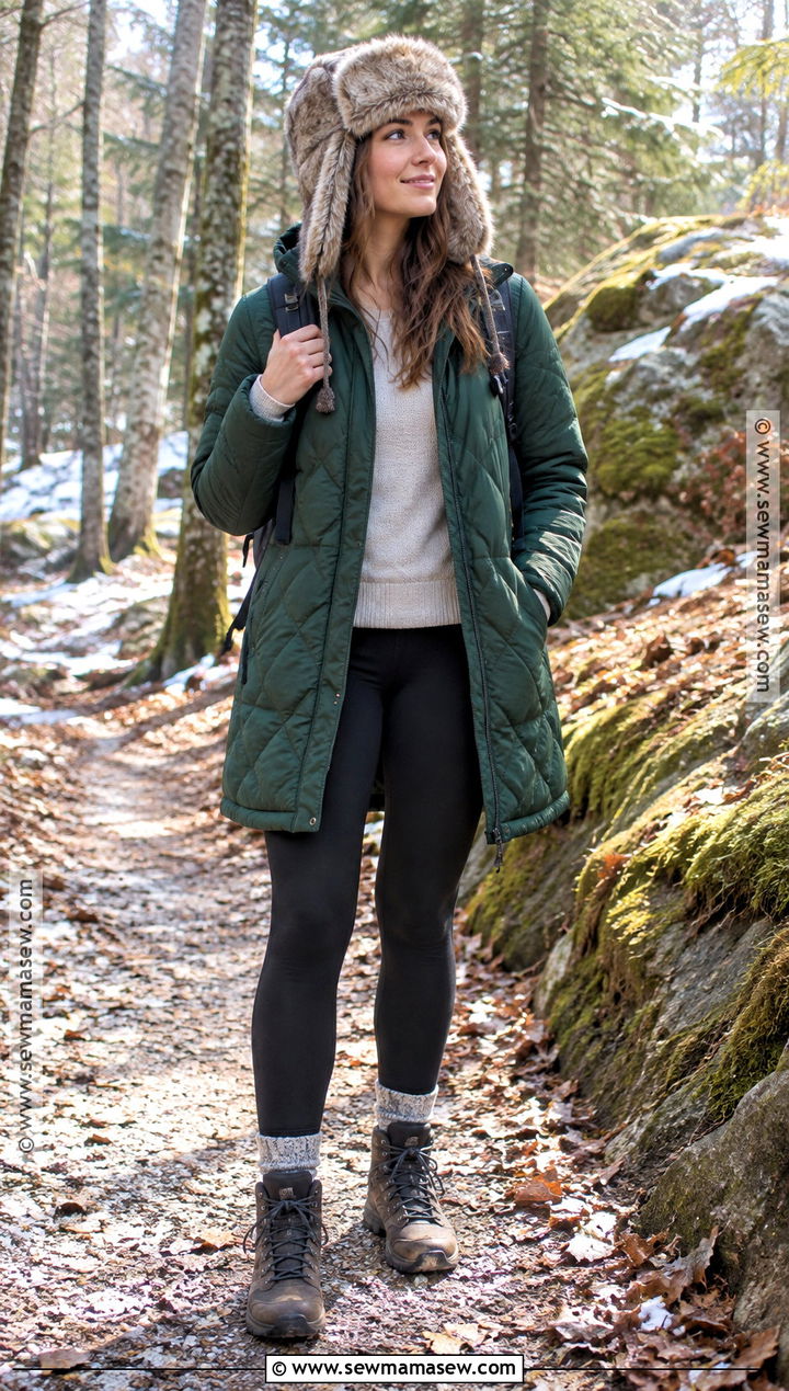 Trapper Hat With Quilted Coat And Leggings - 20 Fall Hat Outfits