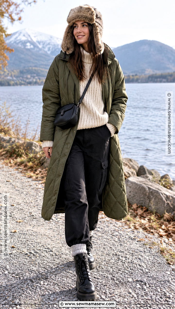 Trapper Hat With Quilted Coat And Lug Boots - 15 Fall Fashion Hat Ideas