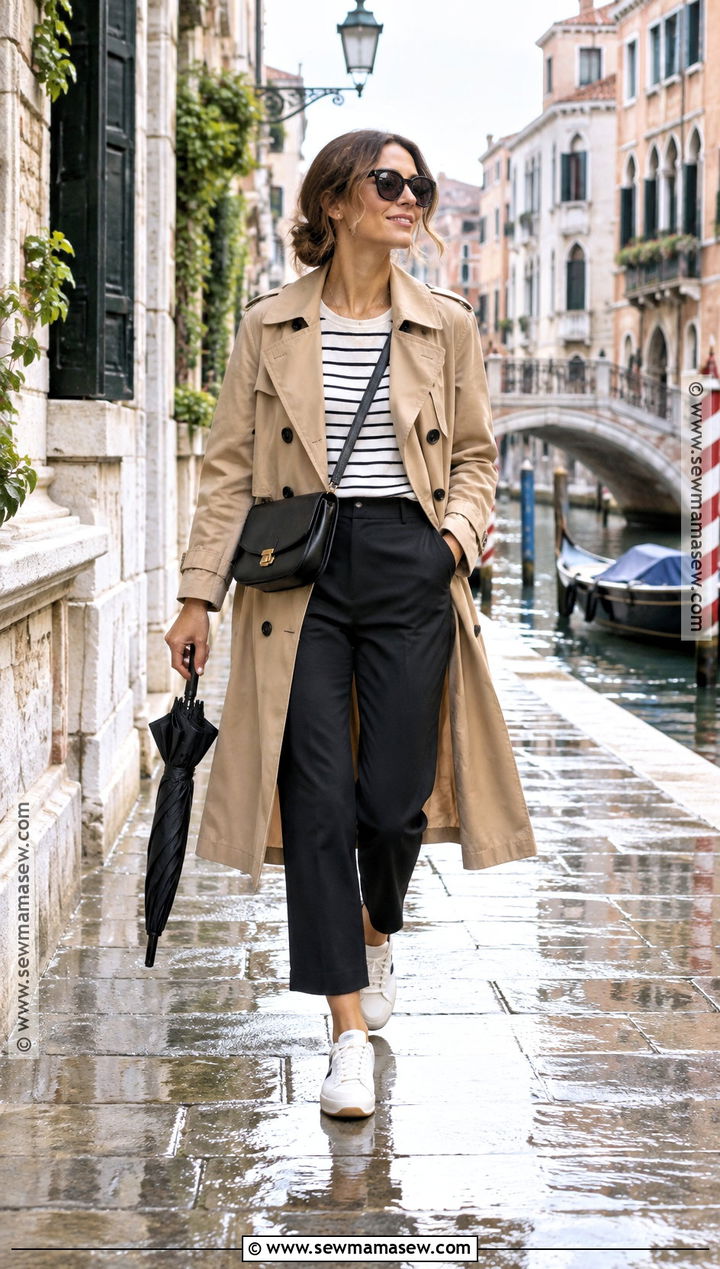 Trench Coat And Black Pants Italy Outfit - 15 travel outfits for italy in september