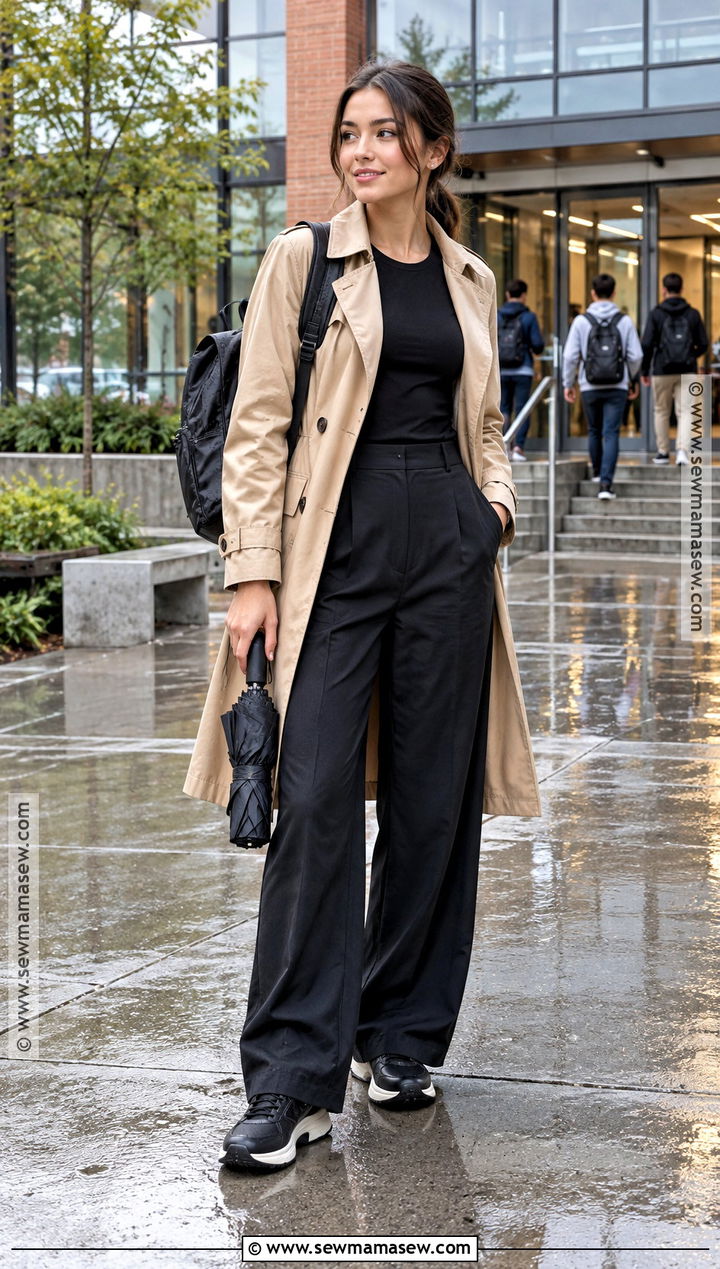 Trench Coat And Black Pants Outfit - 15 Back To School Wardrobe Essentials