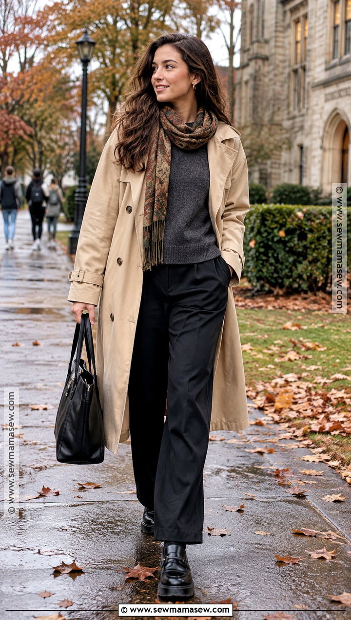 Trench Coat And Black Trousers College Outfit - 25 autumn college outfits