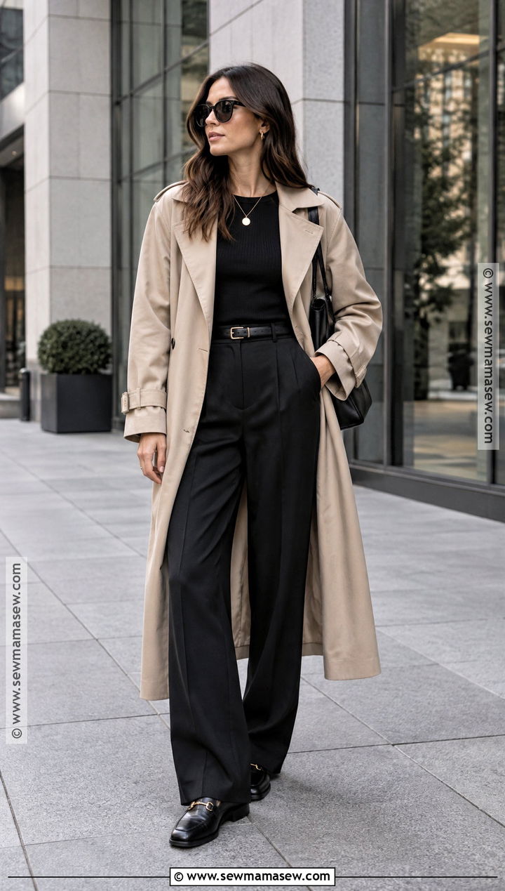 Trench Coat And Black Trousers Fall Outfit - 20 Aesthetic Fall Outfit Ideas