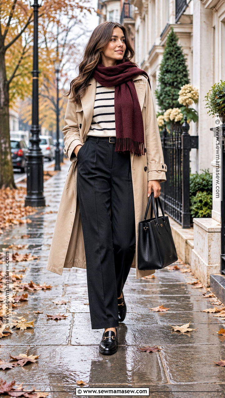 Trench Coat And Black Trousers Fall Work Outfit - 20 Work Outfit Fall Ideas