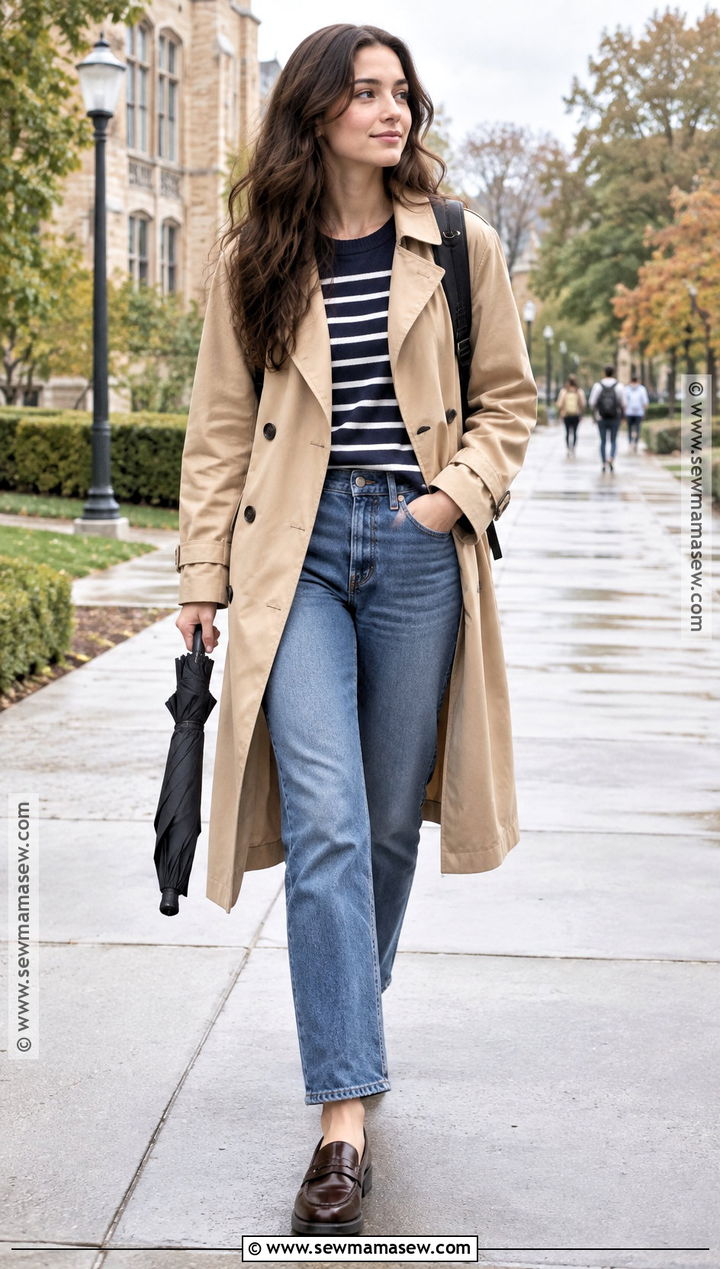 Trench Coat And Blue Jeans School Outfit - 25 fall outfit ideas for school