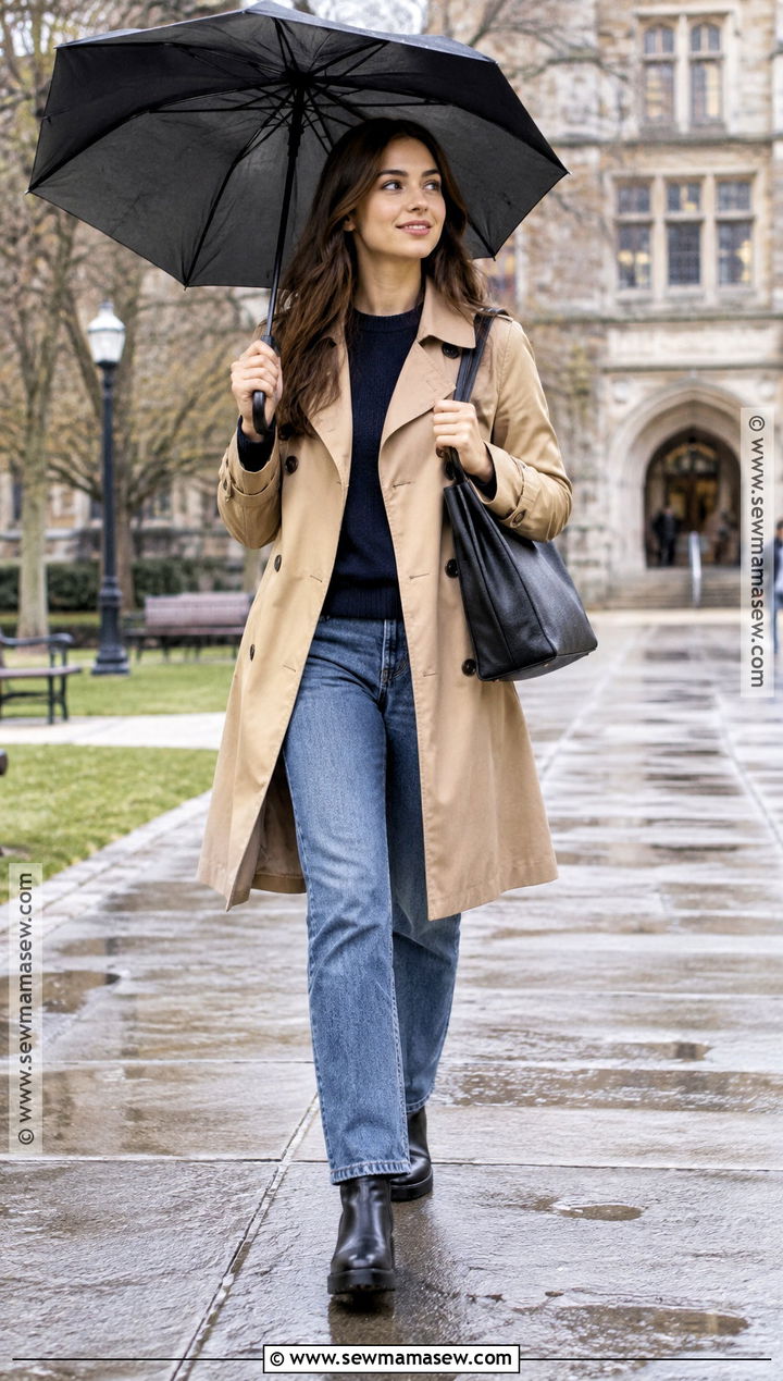 Trench Coat And Crewneck Sweater Fall College Outfit - 15 fall fashion college ideas