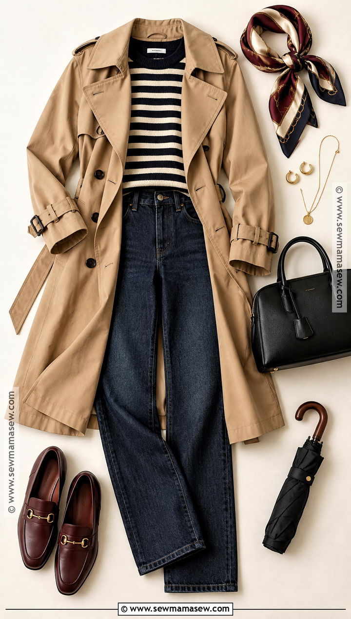 Trench Coat And Dark Denim Flat Lay - 15 autumn fashion flat lay ideas