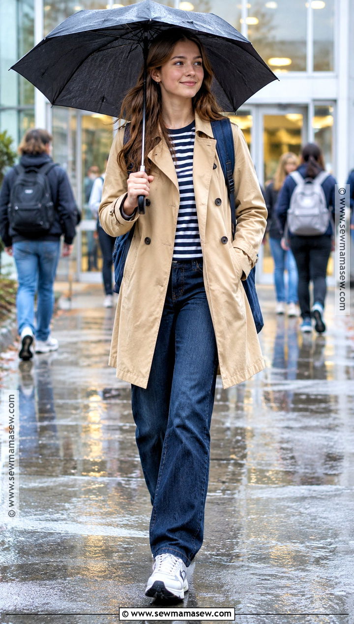 Trench Coat And Dark Jeans Outfit - 20 back to school outfits dress code