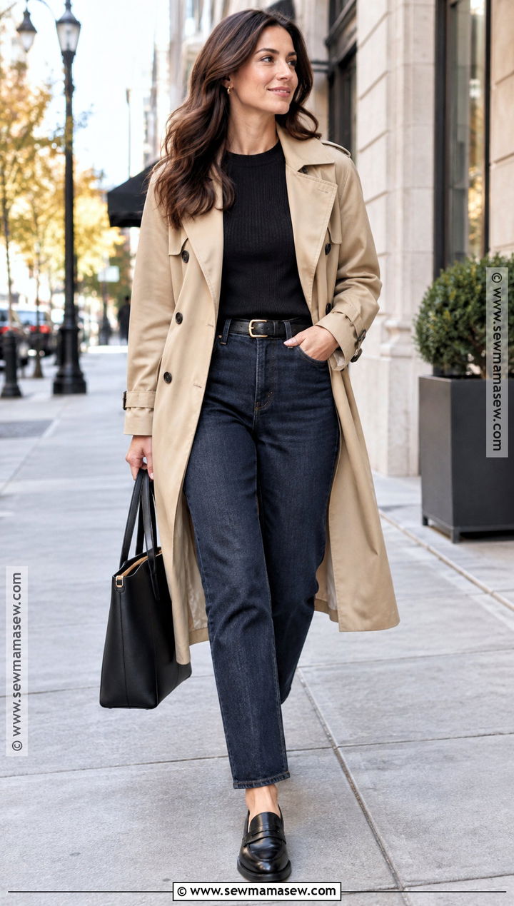 Trench Coat And Dark Jeans Smart Casual Work Outfit - 20 smart casual work outfit autumn ideas