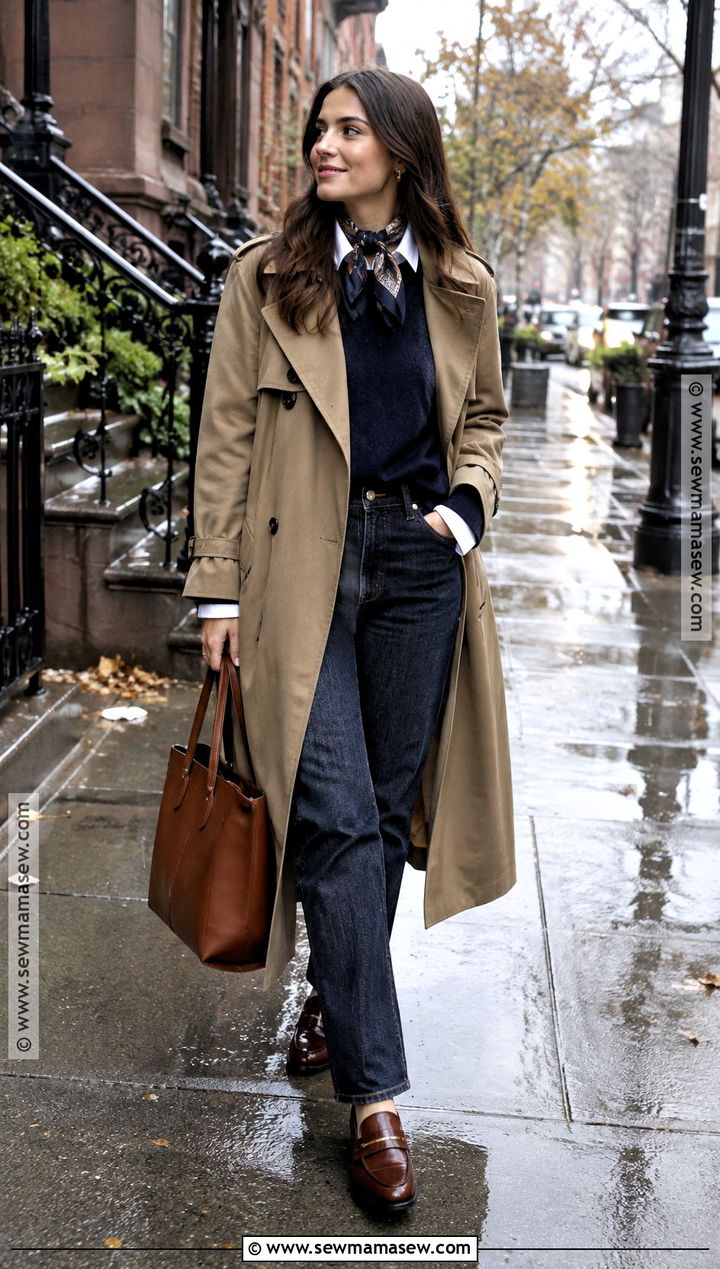 Trench Coat And Dark Wash Jeans East Coast Fall Outfit - 15 east coast aesthetic outfits fall