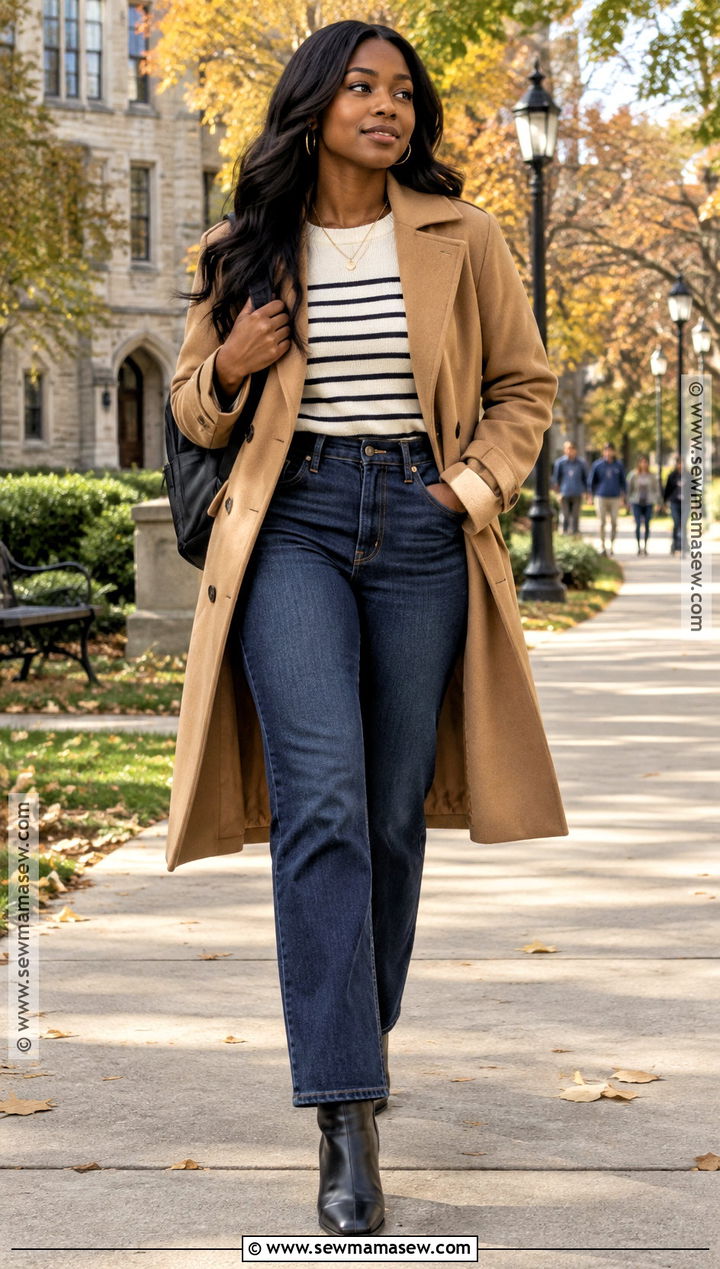 Trench Coat And Dark Wash Jeans Fall School Outfit - 15 fall school outfits for black women