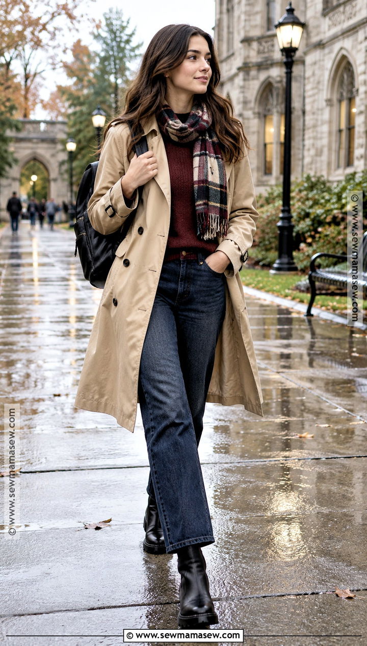 Trench Coat And Dark Wash Jeans Outfit - 15 Back To School Wardrobe Ideas