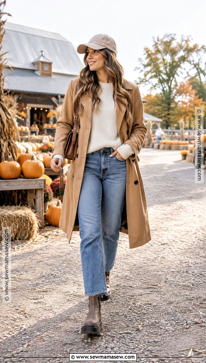 Trench Coat And Jeans Pumpkin Patch Outfit - 25 cute pumpkin patch outfits