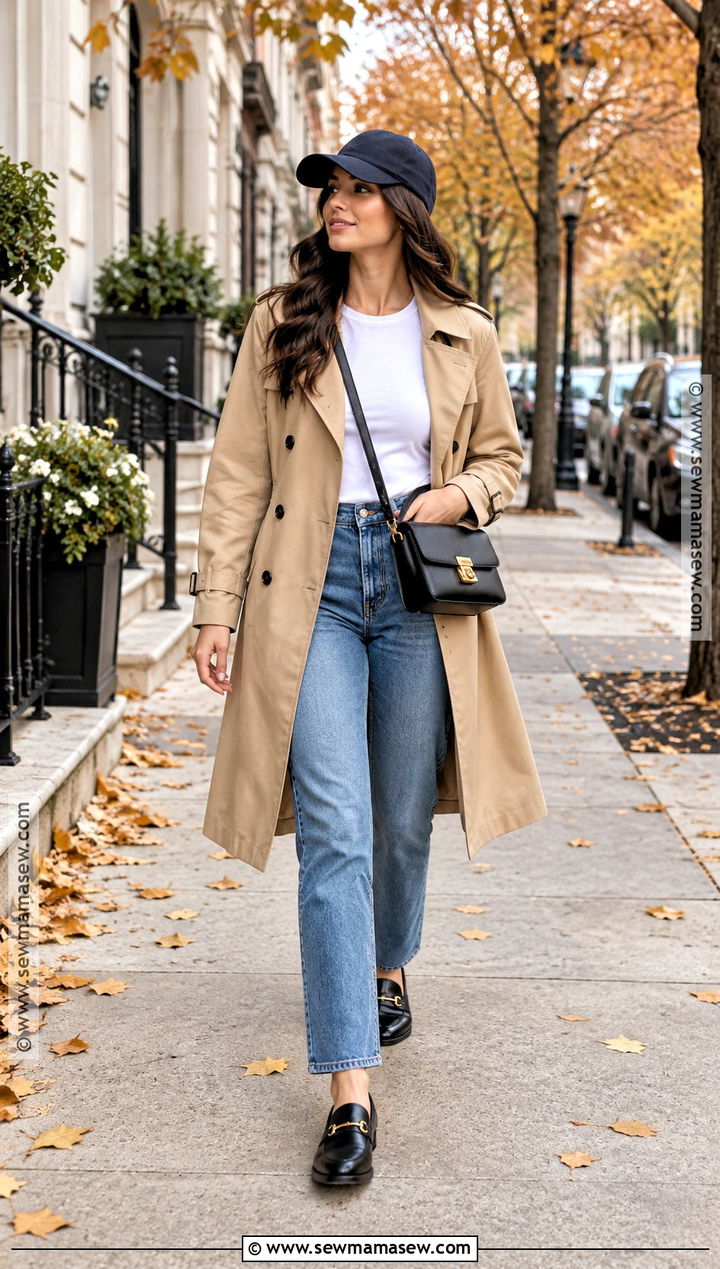 Trench Coat And Jeans With Baseball Hat - 15 Fall Outfit With Baseball Hat Ideas