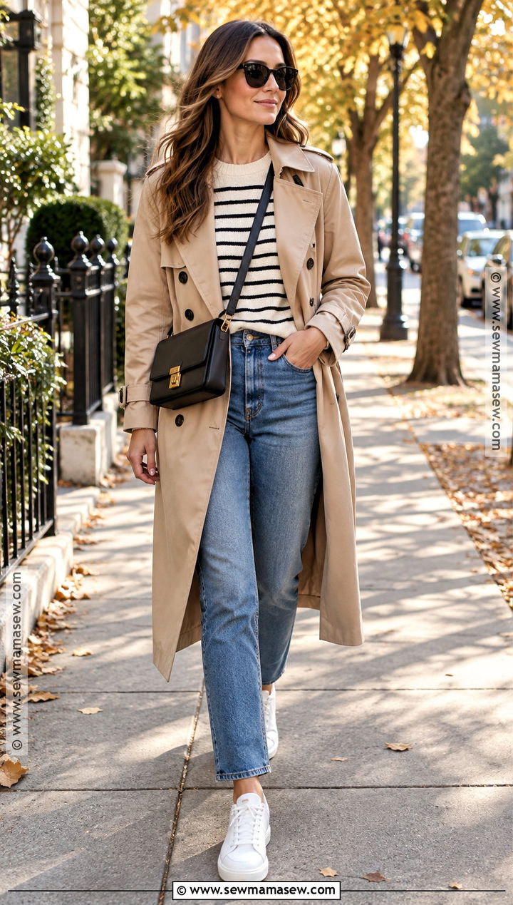 Trench Coat And Jeans With White Sneakers - 15 fall outfit inspiration with sneakers