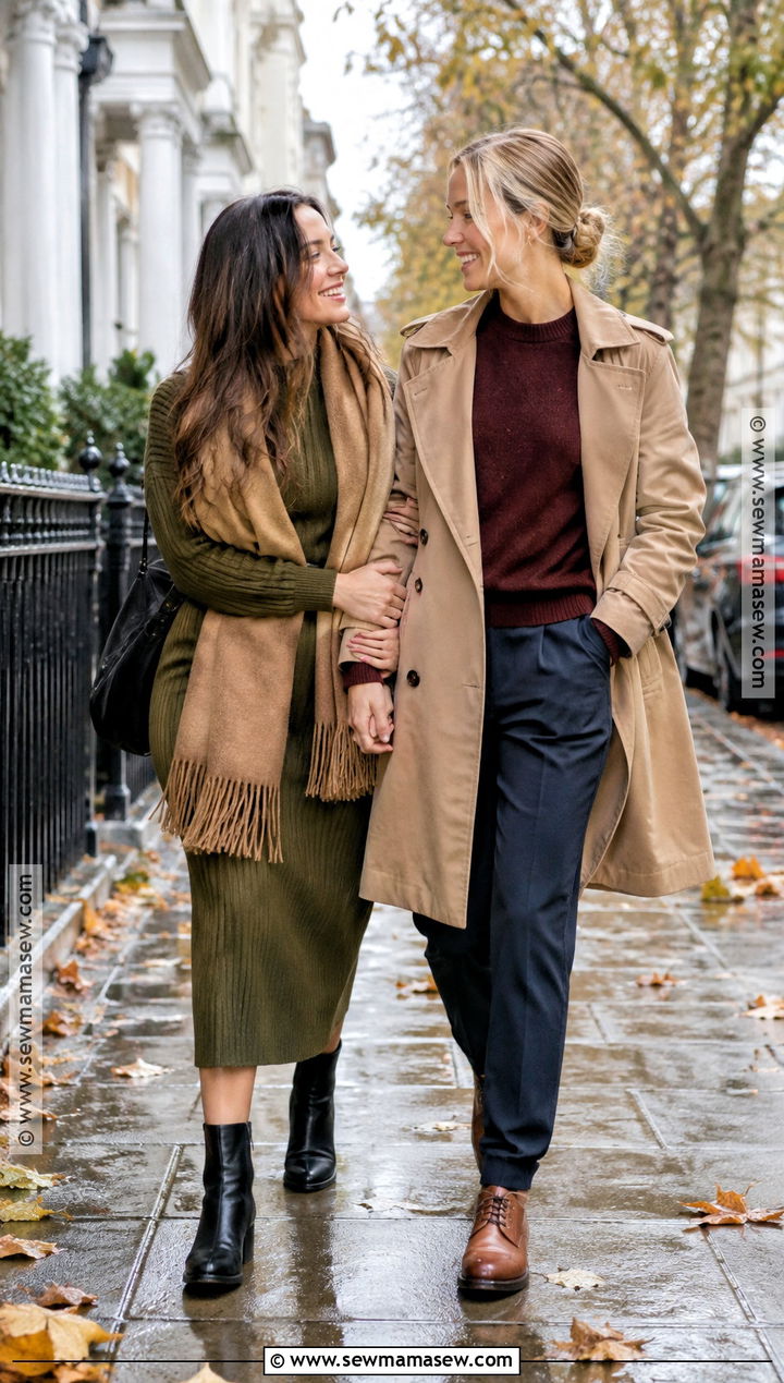 Trench Coat And Knit Dress Couple Outfit - 15 Lesbian Couple Photoshoot Outfits Fall