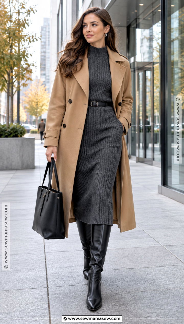 Trench Coat And Knit Dress Office Outfit - 15 Office Outfit Fall Ideas 2026