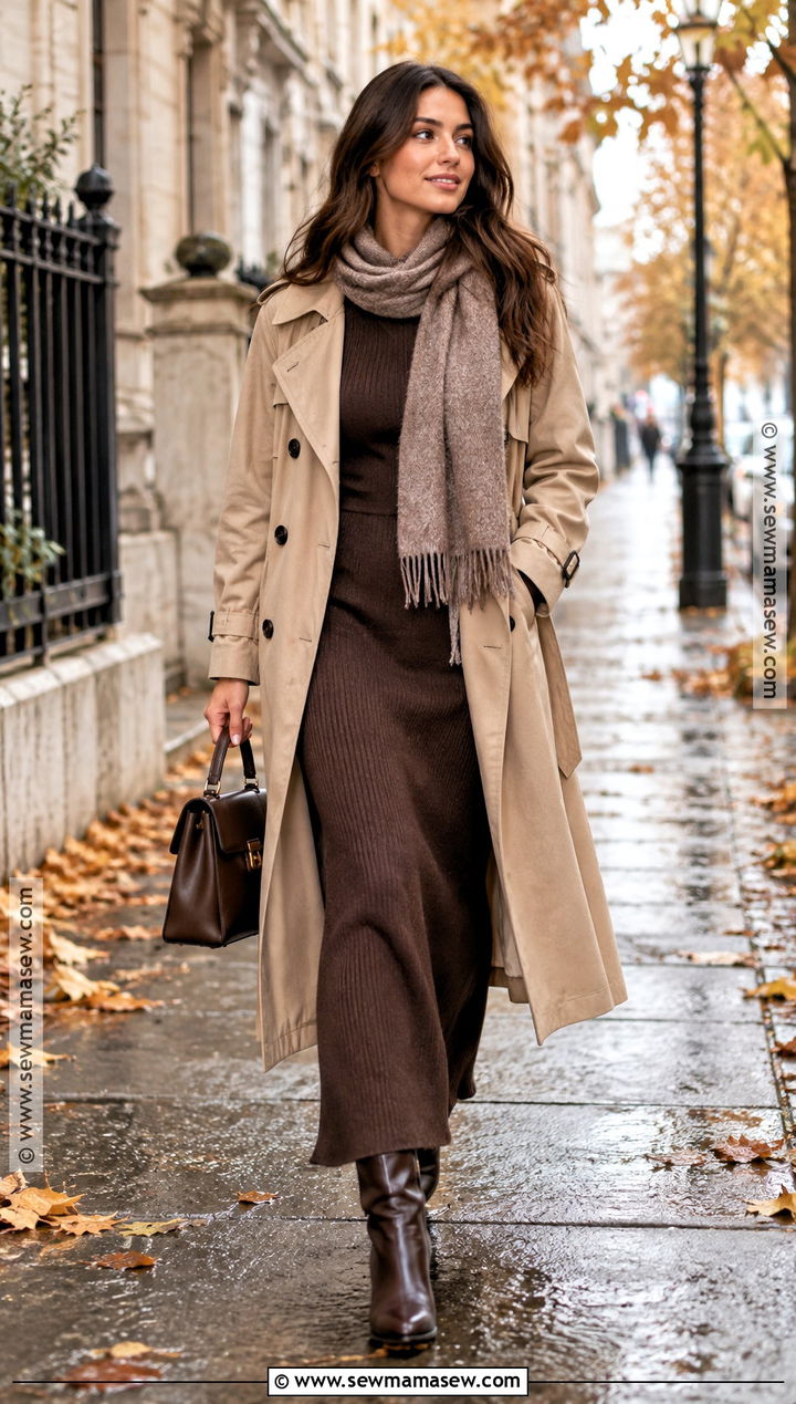 Trench Coat And Knit Maxi Dress - 20 fall outfit modest ideas