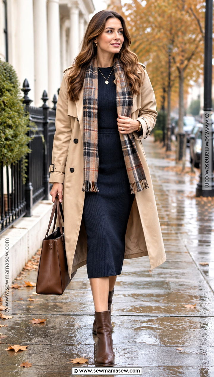 Trench Coat And Knit Midi Dress Fall Church Outfit - 20 modest fall outfits church