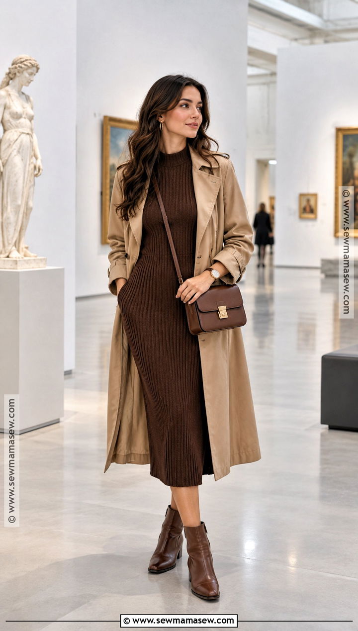 Trench Coat And Knit Midi Dress Museum Outfit - 15 fall museum date outfit ideas