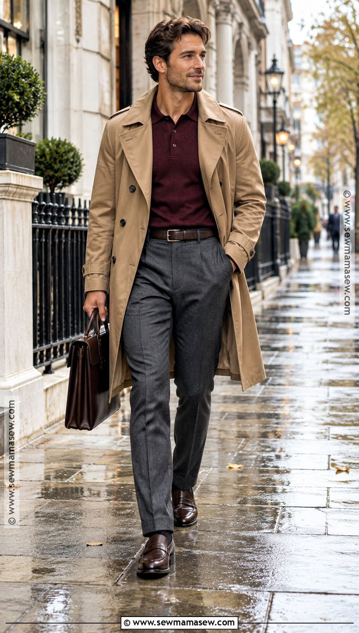 Trench Coat And Knit Polo Fall Outfit - 25 Fall Mens Outfits