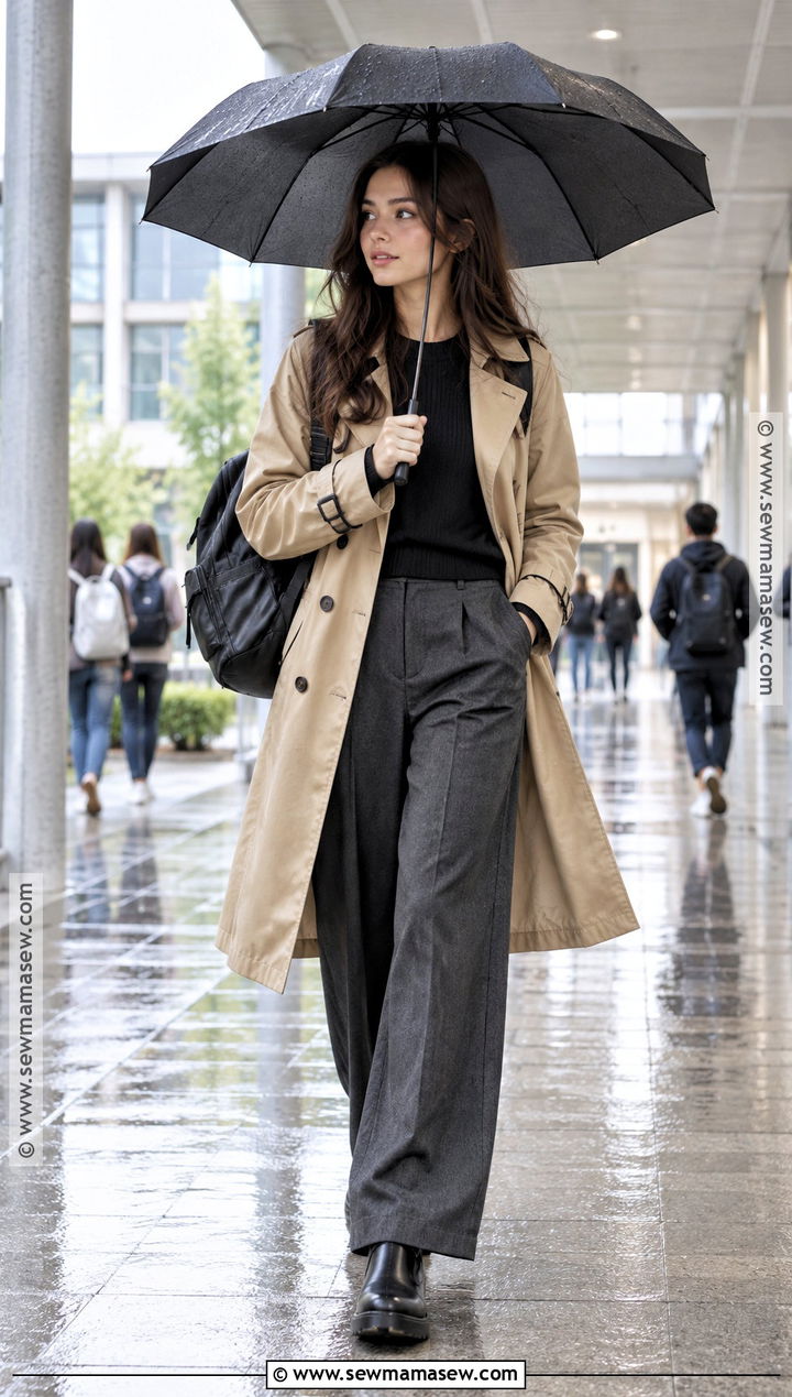 Trench Coat And Knit Top With Trousers Back To School Outfit - 20 Back To School Essentials Clothes