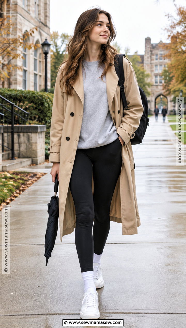 Trench Coat And Leggings Fall College Outfit - 15 college outfits for class fall