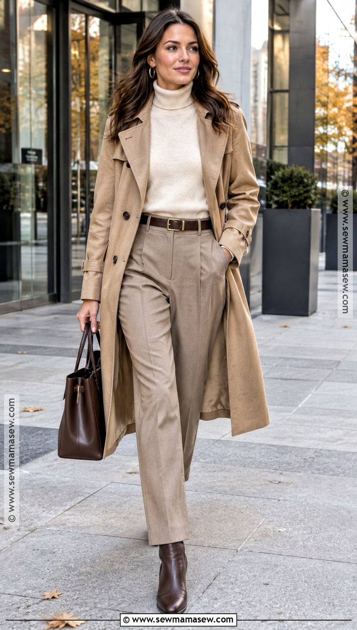 Trench Coat And Monochrome Beige Office Outfit - 20 fall business casual outfits office wear