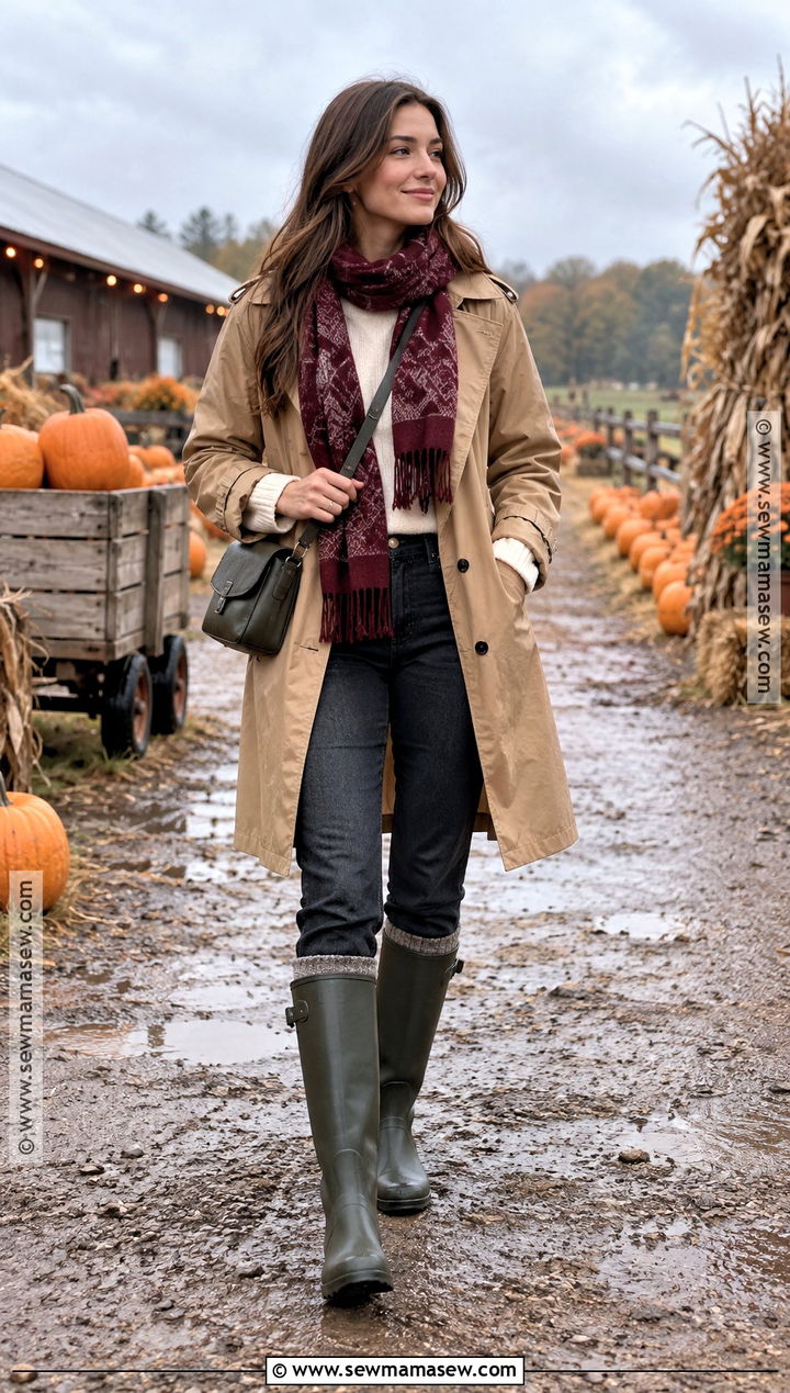 Trench Coat And Rain Boots Pumpkin Patch Outfit - 20 Pumpkin Patch Aesthetic Outfits