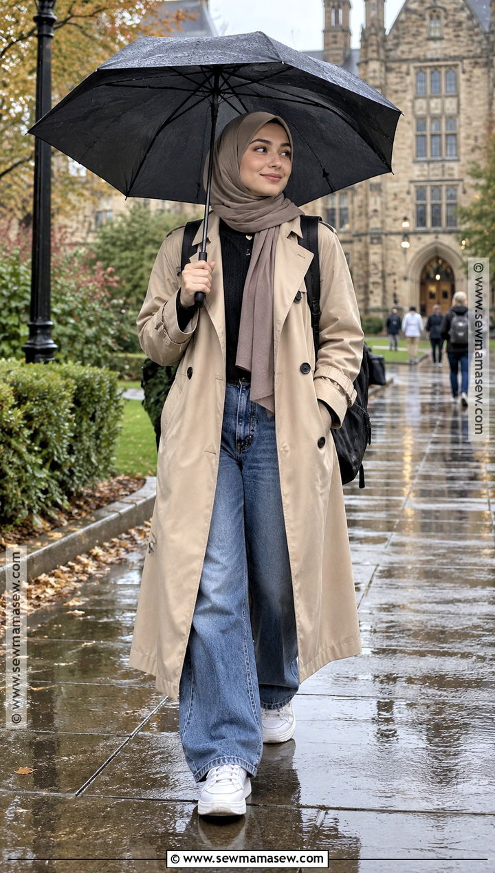 Trench Coat And Relaxed Jeans Hijabi Outfit - 20 Back To School Hijabi Outfits