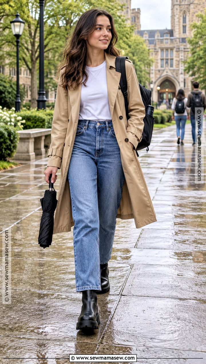 Trench Coat And Relaxed Jeans Outfit - 15 college back to school outfits