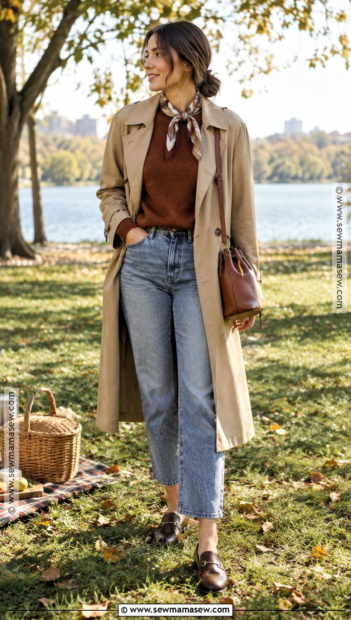 Trench Coat And Relaxed Jeans Picnic Outfit - 25 fall picnic outfit ideas