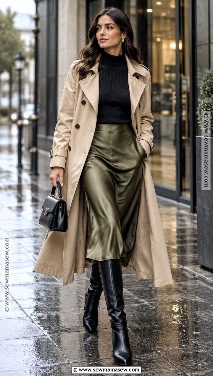 Trench Coat And Satin Midi Skirt Work Outfit - 20 Fall Rainy Day Outfits Work